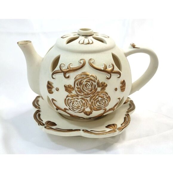 PartyLite Other - PartyLite Bisque Gold Trim Teapot Saucer Tea Light Rose Peony Votive P7301